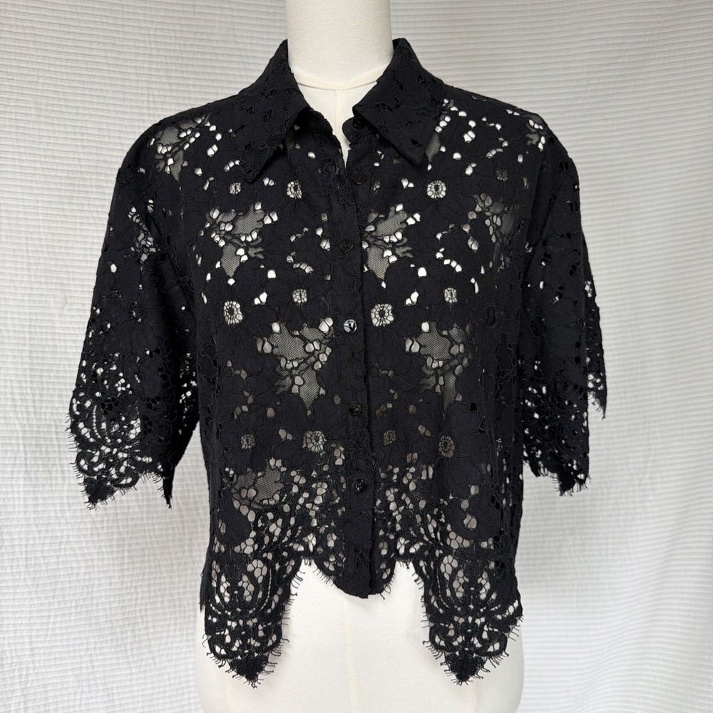 L'ACADEMIE REVOLVE Calla Lace Top XL Woman Black Button Down Shirt See Through